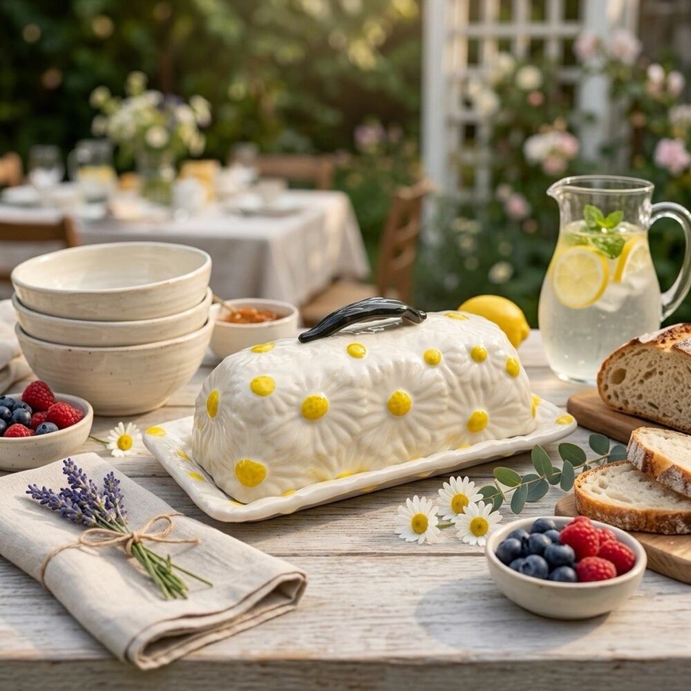 Anthropologie Foster Covered Butter Dish Raised Daisies Ceramic